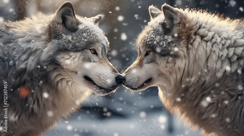 Two wolves touching noses with a snowy background. 