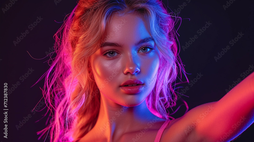 Fototapeta premium Woman points to the side black background purple colors neon