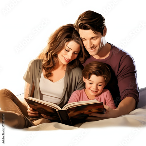 Parents reading a bedtime story to their child isolated on white background, pop-art, png
