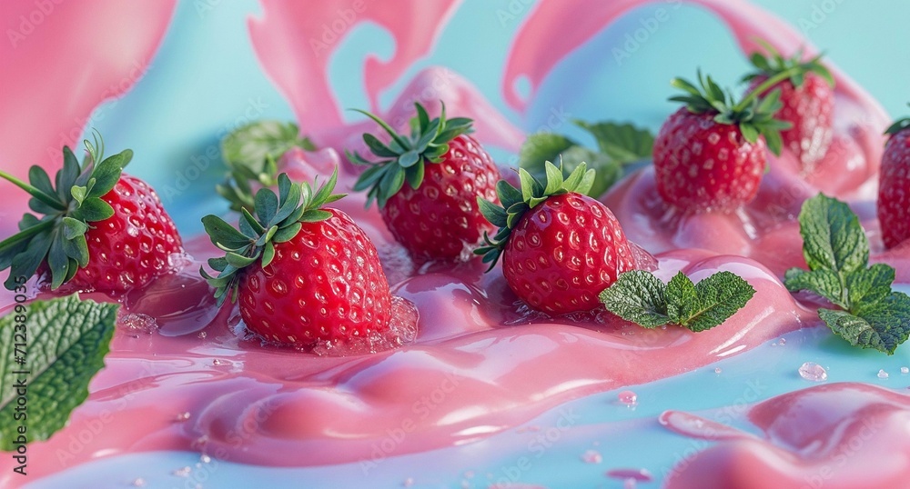 Pink strawberry melting ice scene perfect for dessert menus and summer food advertising campaigns Pink strawberry melting ice scene perfect for dessert menus and summer food advertising campaigns