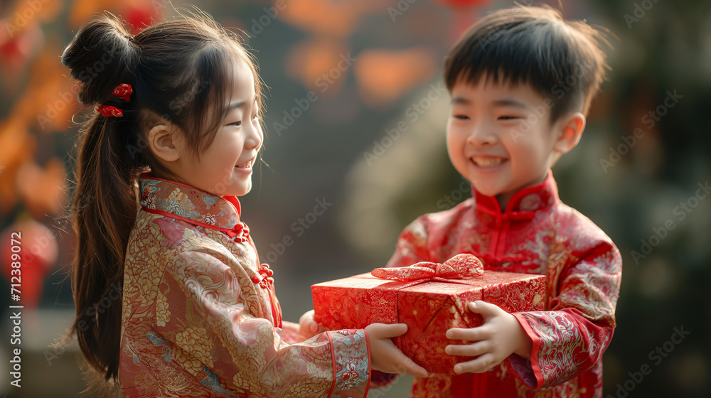 kid handing a red rich elegantly wrapped gift box to another for Chinese new year celebration Generative AI kid handing a red rich elegantly wrapped gift box to another for Chinese new year celebration Generative AI