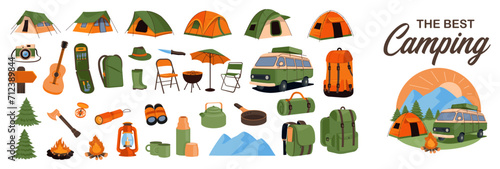 Mountain hike elements. Autumn forest camping set. Hiking equipment and gear icon