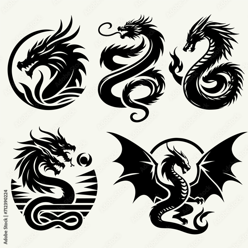 set of dragon logo vector silhouette