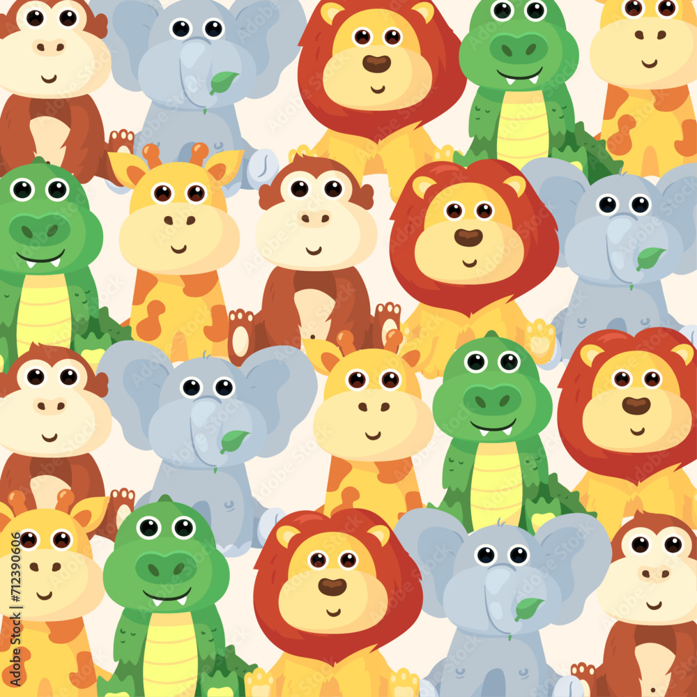 Obraz premium Cute flat vector illustration and pattern with giraffe,crocodile,monkey and lion.Illustration of the food these animals eat and coloring of these animals.