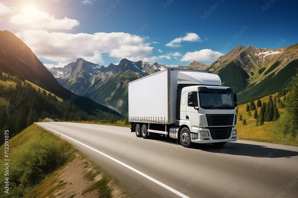 a white cargo truck with a white blank empty trailer for ad on a highway road, beautiful nature mountains and sky. driving in motion