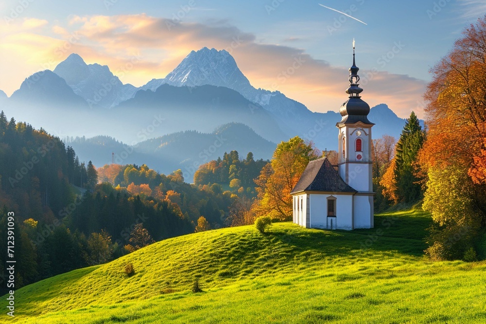 Iconic picture of Bavaria with Maria Germ church with Hochhalter peak on background. Fantastic autumn sunrise in Alps. Superb evening landscape of Germany countryside. Traveling concept background.