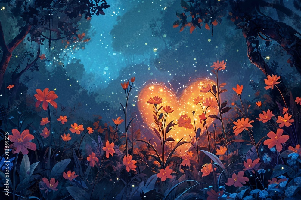 illustration of glowing flowers on forest night background with heart, love shaped forest wallpaper