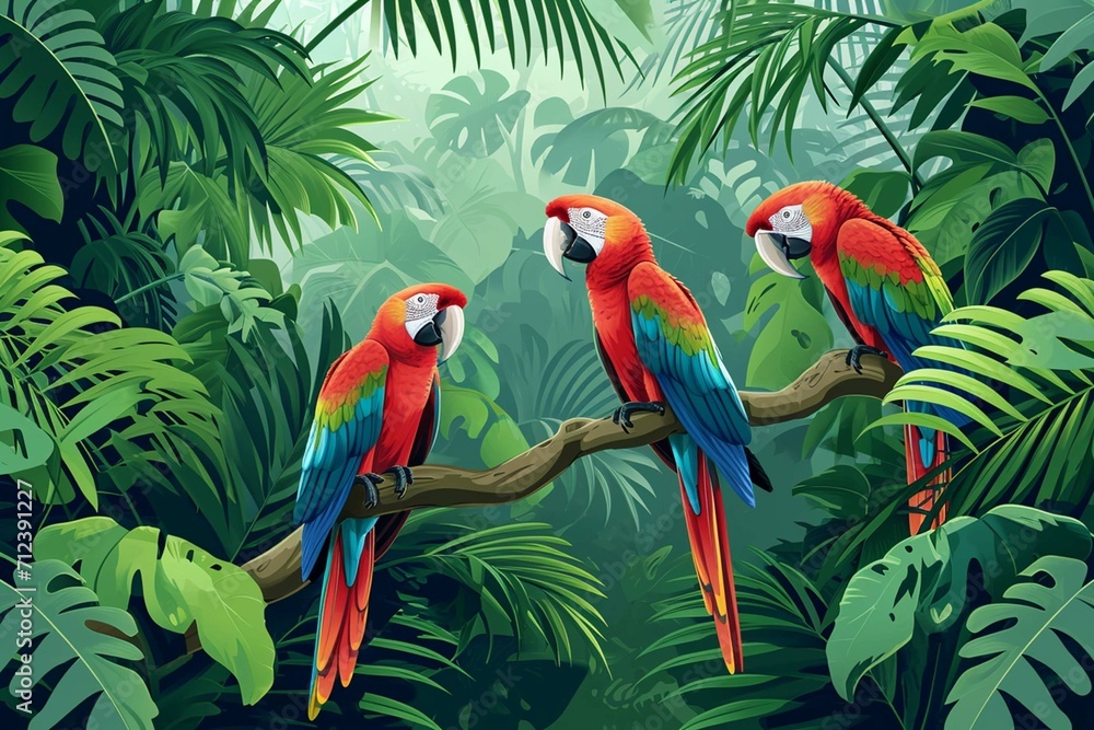 Illustration of a tropical rainforest with parrots.