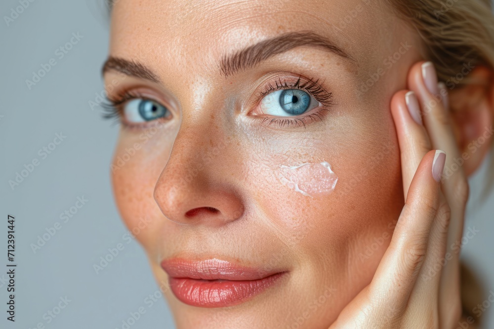 Close-up photo of adult woman touching her skin, she applies moisturizing cream balm. Cosmetology, plastic surgery, healthy lifestyle. Radiant skin. Advertising of cream, skin health products Close-up photo of adult woman touching her skin, she applies moisturizing cream balm. Cosmetology, plastic surgery, healthy lifestyle. Radiant skin. Advertising of cream, skin health products