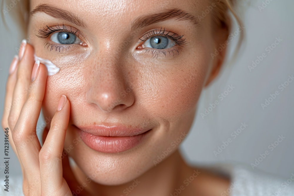 Close-up photo of young woman touching her skin, she applies moisturizing cream balm. Cosmetology, plastic surgery, healthy lifestyle. Radiant skin. Advertising of cream, skin health products Close-up photo of young woman touching her skin, she applies moisturizing cream balm. Cosmetology, plastic surgery, healthy lifestyle. Radiant skin. Advertising of cream, skin health products