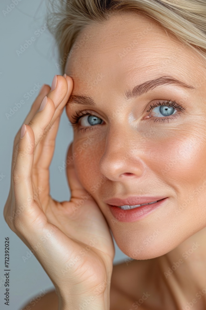 Close-up photo of adult woman touching her skin, she applies moisturizing cream balm. Cosmetology, plastic surgery, healthy lifestyle. Radiant skin. Advertising of cream, skin health products Close-up photo of adult woman touching her skin, she applies moisturizing cream balm. Cosmetology, plastic surgery, healthy lifestyle. Radiant skin. Advertising of cream, skin health products