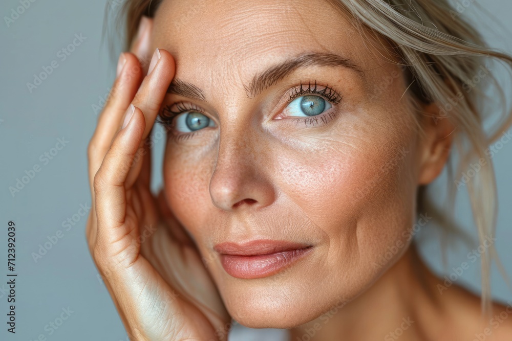 Fototapeta premium Close-up photo of adult woman touching her skin, she applies moisturizing cream balm. Cosmetology, plastic surgery, healthy lifestyle. Radiant skin. Advertising of cream, skin health products