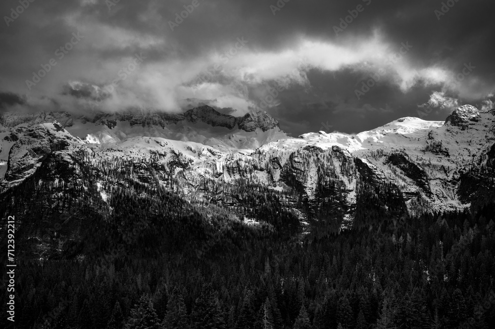 Obraz premium Snow on Mount Canin and Montasio. Black and white