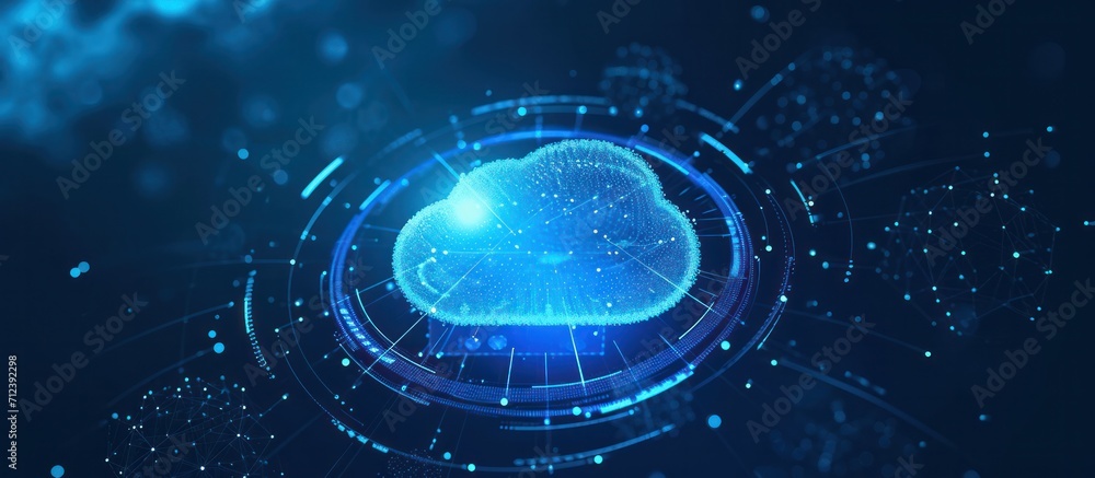 Blue digital cloud computing logo with particle ring circle ...