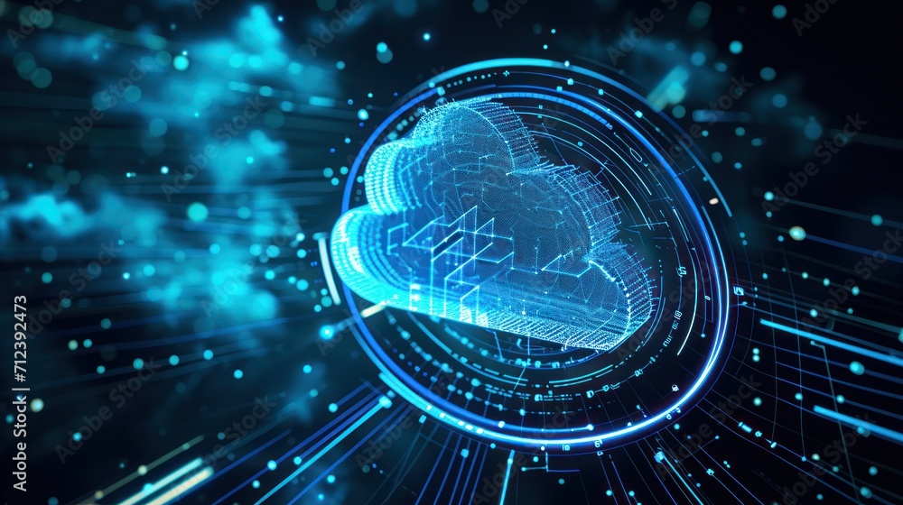 Blue digital cloud computing logo with particle ring circle , futuristic abstract background, illustration Blue digital cloud computing logo with particle ring circle , futuristic abstract background, illustration