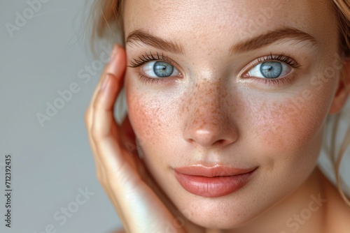 Close-up photo of young woman touching her skin, she applies moisturizing cream balm. Cosmetology, plastic surgery, healthy lifestyle. Radiant skin. Advertising of cream, skin health products