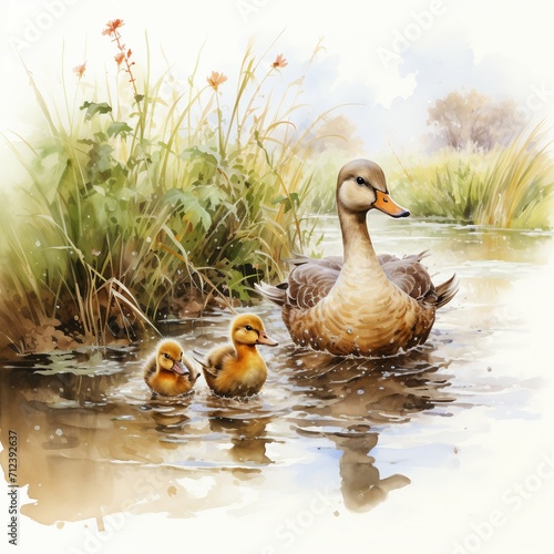 A mother duck leading her kids duck in watercolor style. AI generate illustration