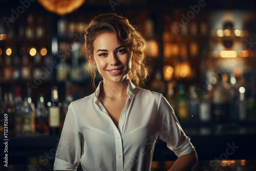 Portrait of beautiful young woman working as a bartender in a nightclub.