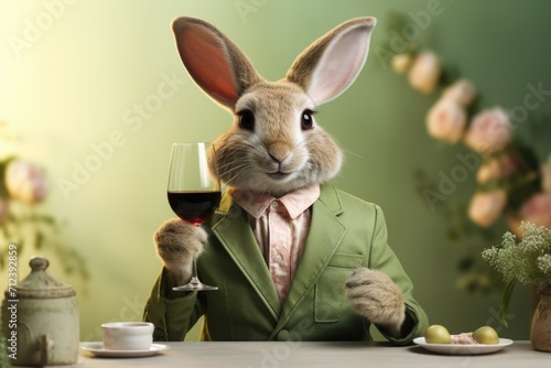 Easter bunny in a business suit with a glass of red wine on a table on a blurred background