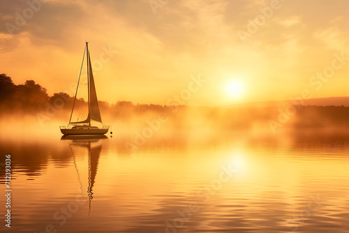 A serene scene of a sailboat on a misty lake, illuminated by the golden hues of the rising sun, ai generative