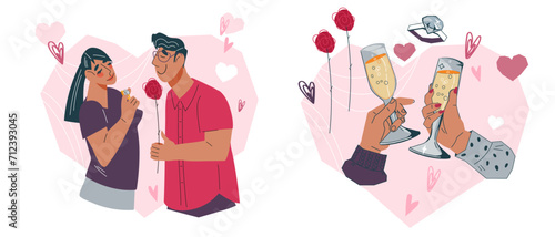 Set for Valentines Day cards design, flat vector illustration isolated on white. Love and wedding banners collection.