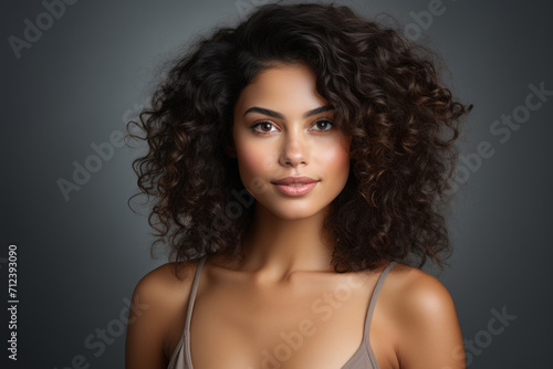 Portrait of beautiful young woman with curly hair on grey background.