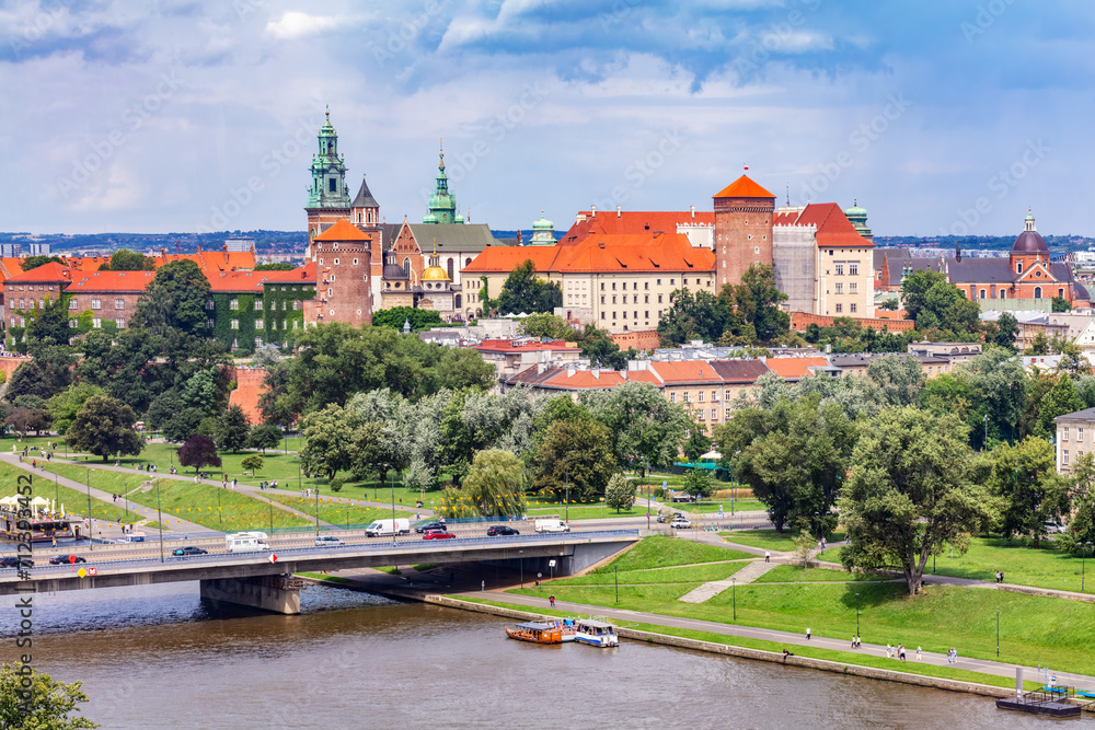 Wawel Royal Castle and Vistula river in Cracow, Poland aerial view - obrazy, fototapety, plakaty 