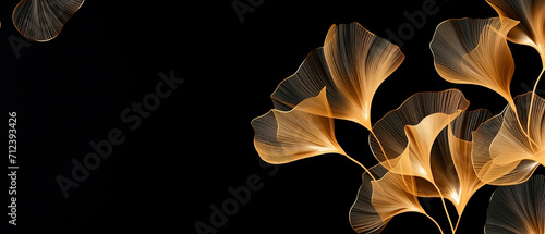 Background with gold and black branches, A black with gold leaves.Golden and black twig with leaves.Elegant seamless pattern of golden and gray ginkgo leaves in chalk paint design on black background.