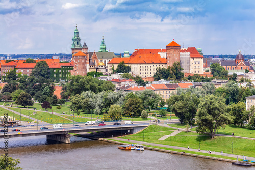 Wawel Royal Castle and Vistula river in Cracow, Poland aerial view photo