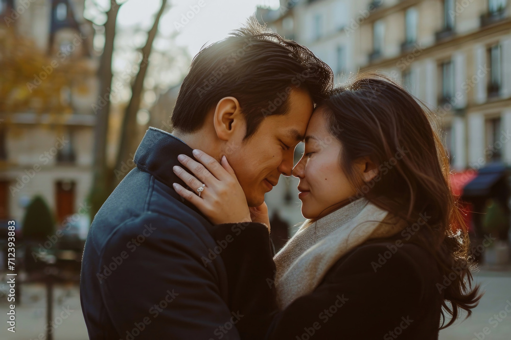 The couple shares sweet nothings in the heart of Paris