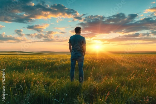rear view carefree freedom successful male standing confident looking at the end of skyline in the grass field meadow landscape summertime sunset moment nature background © Areesha