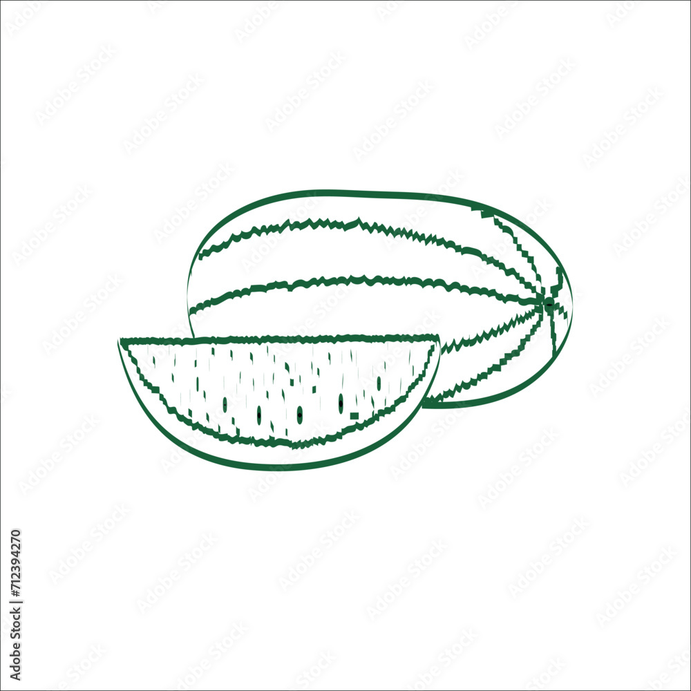 Fresh juicy slise parts and watermelon fruit in doodle hand drawn style. Fresh juicy slise parts and watermelon fruit in doodle hand drawn style.