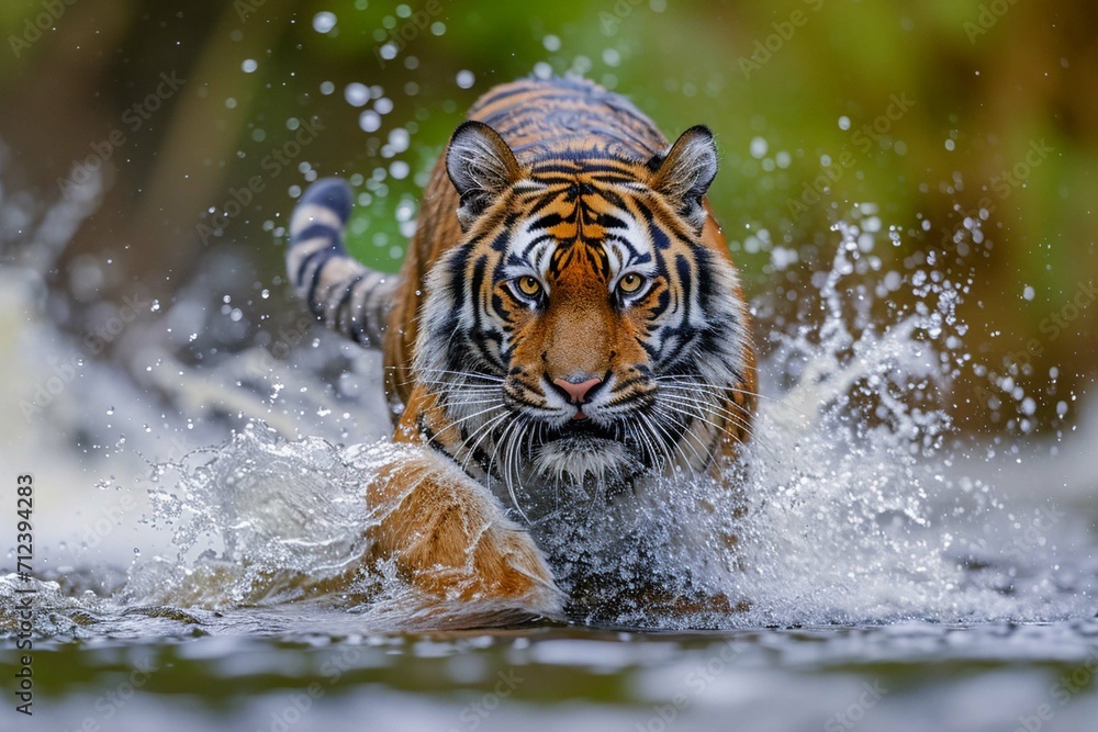 Siberian tiger, Panther Tigris Altaic, low angle photo direct face view, running in the water directly at camera with water splashing around. Attacking predator in action. Tiger in taiga environment