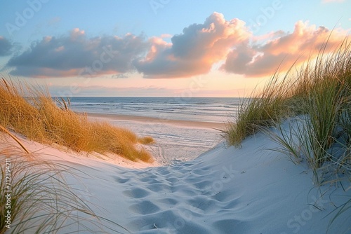 Sand dunes on the beach at sunset