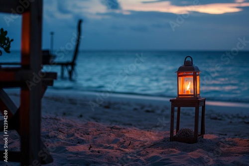 Serene Beachside Ambiance with a Solitary Candle Lantern photography