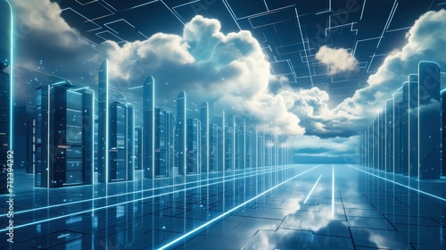 Cloud technology  Feature a futuristic server room or data center with scalable clouds