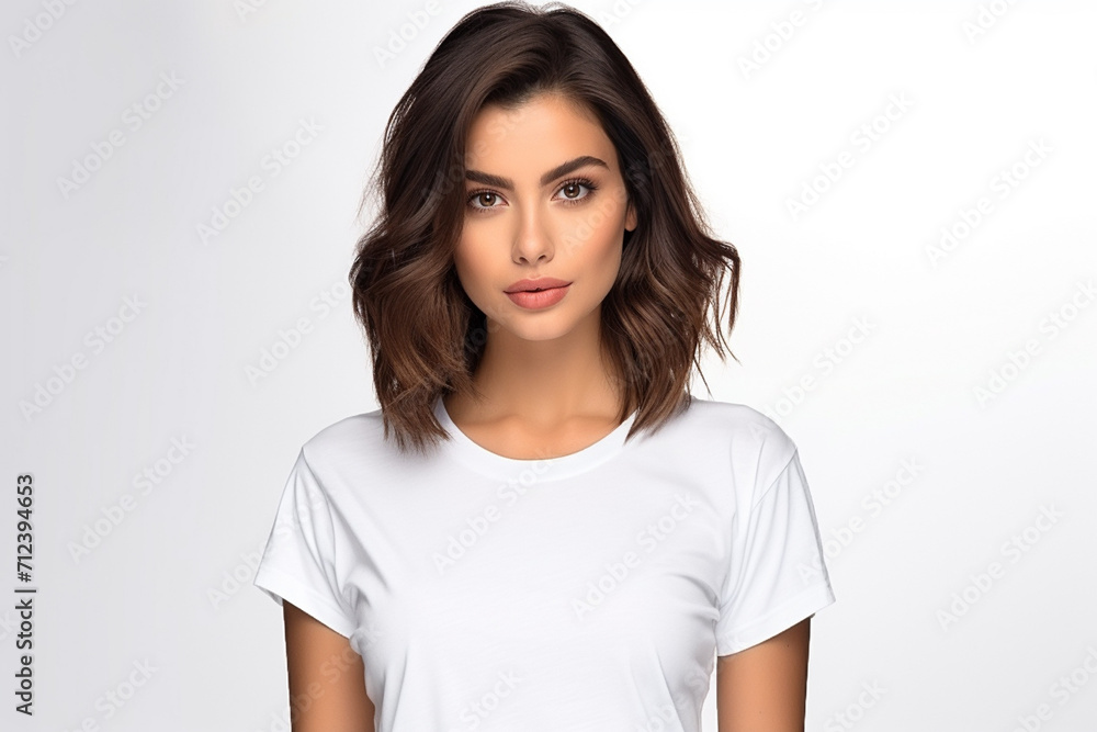 Woman in White Tshirt Mockup created with Generative AI Woman in White Tshirt Mockup created with Generative AI