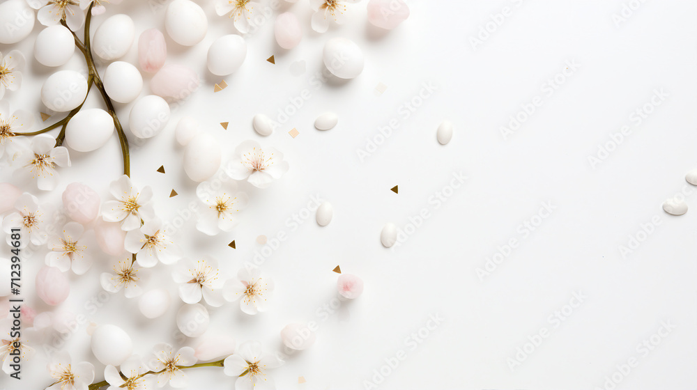 Easter Celebration with Beautiful Marble Eggs, Cherry Blossoms, and Confetti on White Background - Top View Festive Flat Lay