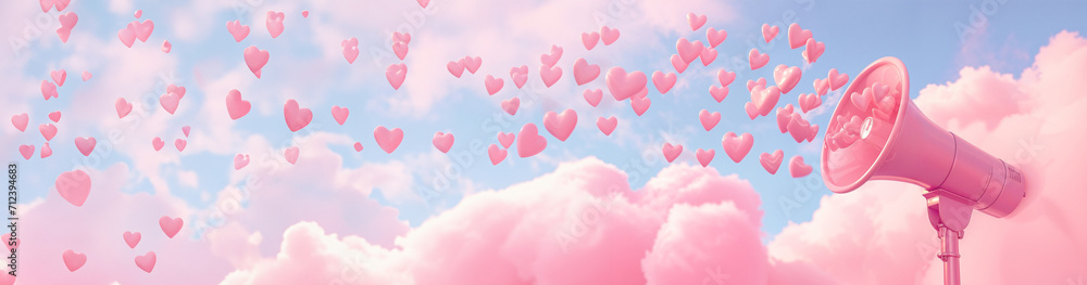 Pink megaphone emitting heart shapes into the sky, a dreamy concept for love messages, romantic events and Valentine's Day marketing campaigns