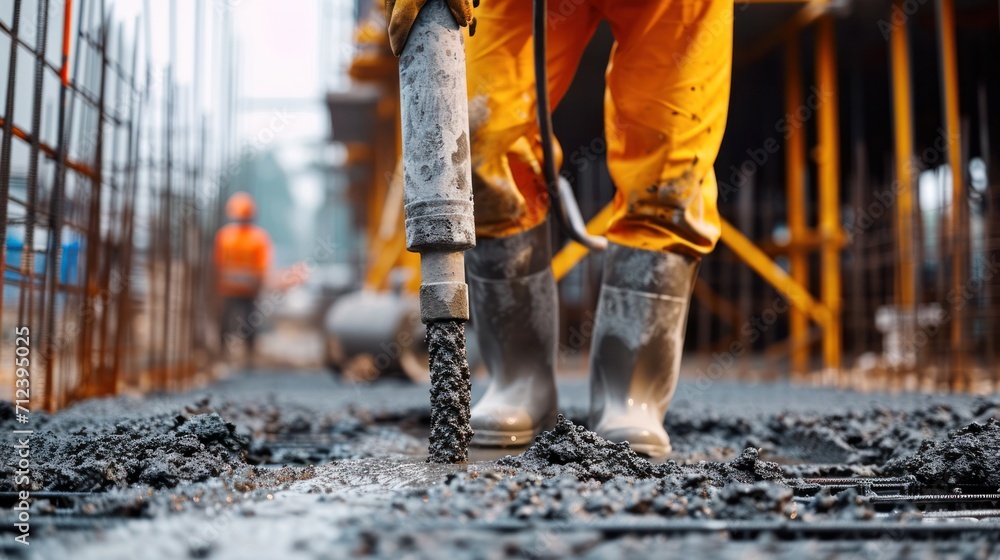 worker pouring concrete at high building construction site worker pouring concrete at high building construction site