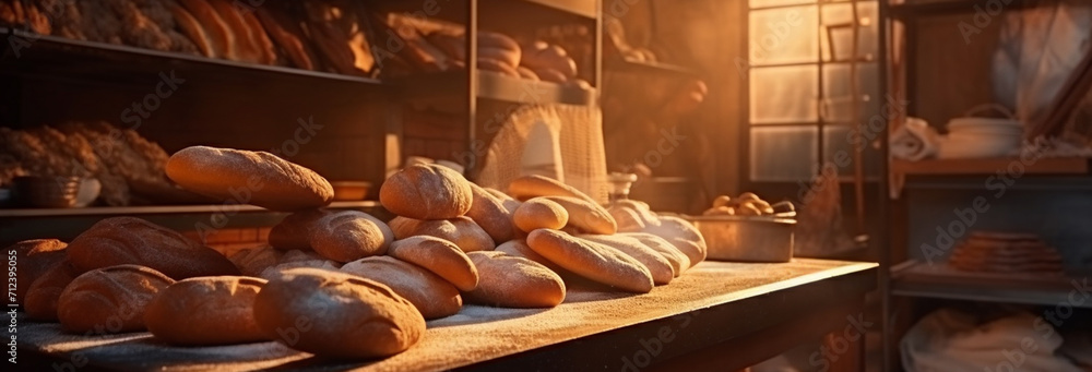 fresh bread on table in modern bakery