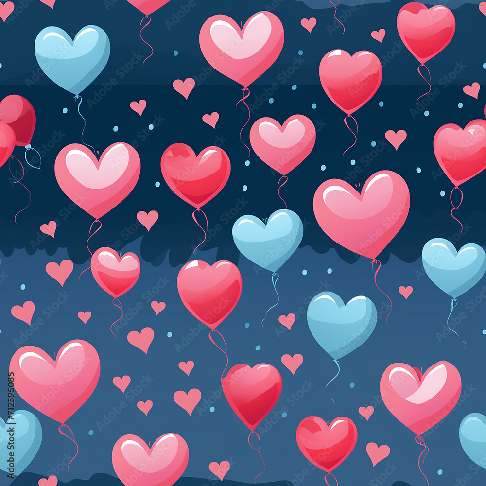 Seamless pattern with heart-shaped balloons on dark blue background