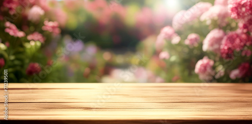 Empty wooden table in front of blurred spring or summer garden background. Banner for design.Can be used mock up for display or montage your products.Gardening season concept.Generative AI photo