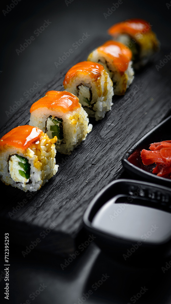 Still life from sushi. Dark and moody style Still life from sushi. Dark and moody style