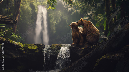 Casal de ursos pardos na cachoeira 