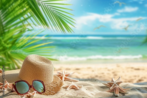 Tropical beach with sunbathing accessories, summer holiday background © Areesha