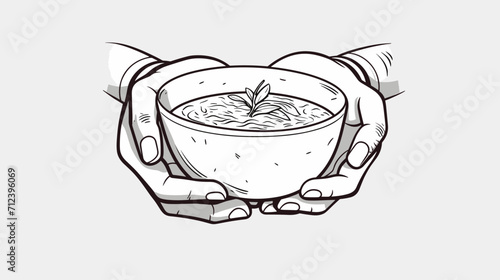 Abstract hands holding a bowl of soup promoting the health benefits of homemade and nutritious meals .simple isolated line styled vector illustration