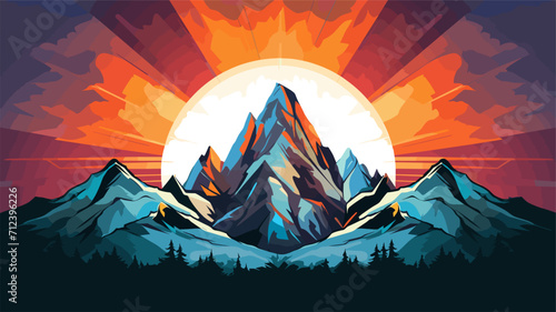 Abstract mountain peaks with a sunrise representing the triumphs and challenges in achieving and maintaining health .simple isolated line styled vector illustration