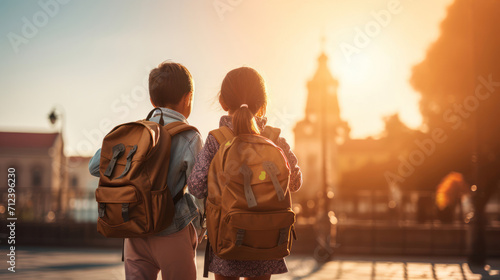 A heartwarming image of kids in backpacks,  showcasing the shared adventure of starting the school year photo