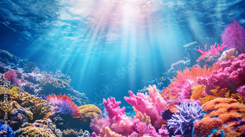 Luz do sol chegando até os corais coloridos no mar photo